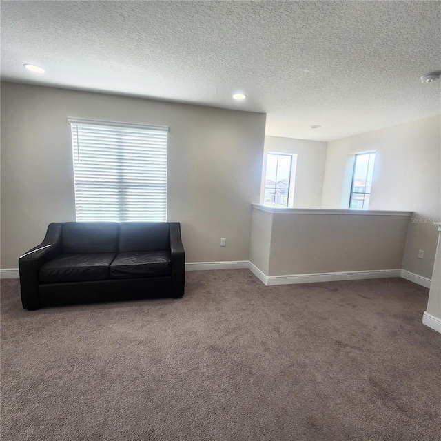 living room featuring a textured ceiling and dark colored carpet