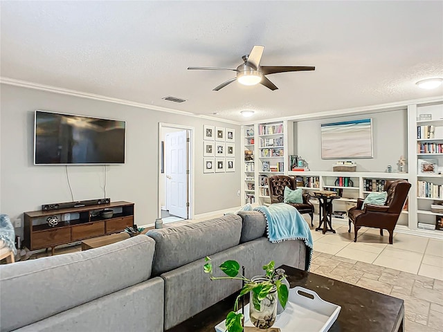 tiled living room with ornamental molding and ceiling fan