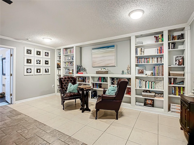 living area with built in features, a textured ceiling, ornamental molding, and light tile floors