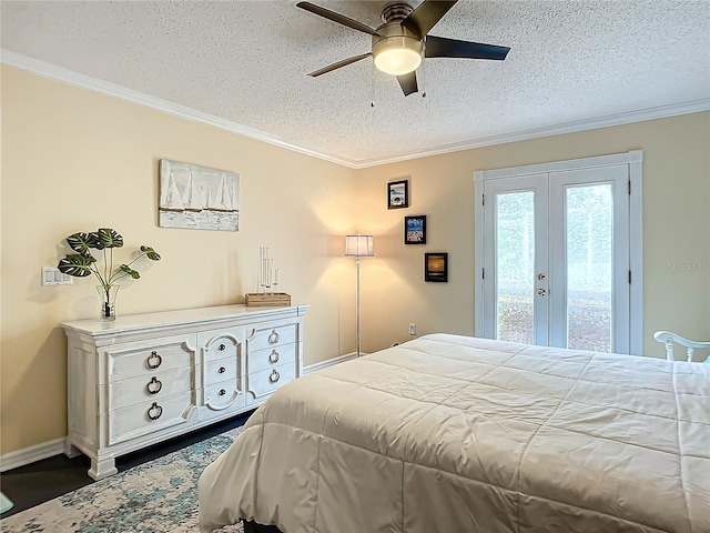 bedroom with french doors, a textured ceiling, access to exterior, and ceiling fan