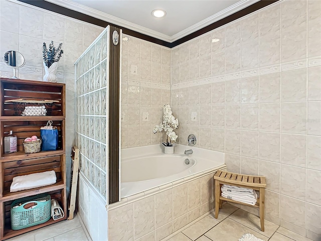 bathroom featuring tile walls, crown molding, tiled bath, and tile floors