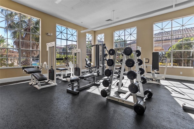 exercise room featuring a textured ceiling