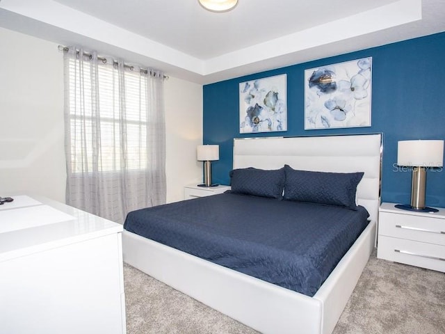 carpeted bedroom featuring a raised ceiling