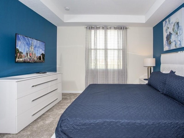 carpeted bedroom with a raised ceiling