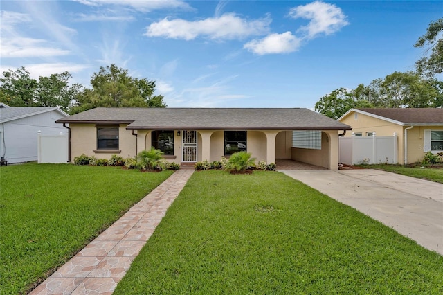 ranch-style home featuring a carport and a front yard