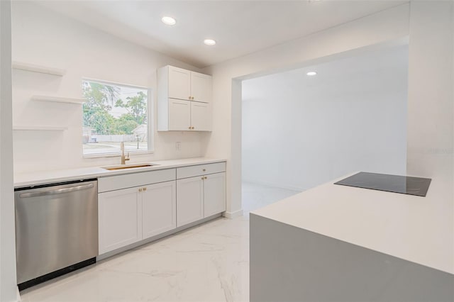 kitchen with stainless steel dishwasher, light tile flooring, black electric cooktop, white cabinetry, and sink