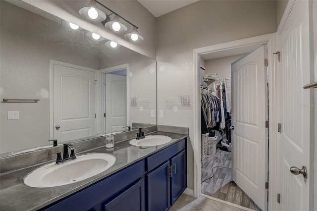 bathroom featuring hardwood / wood-style floors and dual bowl vanity