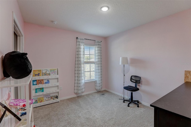 interior space with light colored carpet and a textured ceiling