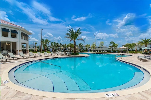 view of swimming pool with a patio