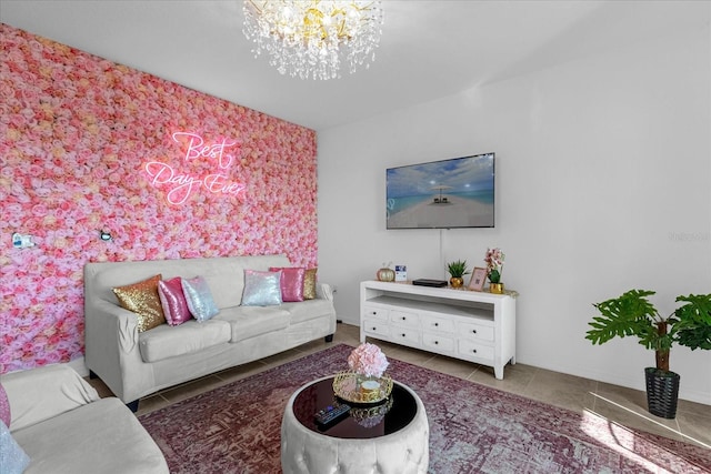 living room featuring an inviting chandelier and tile floors