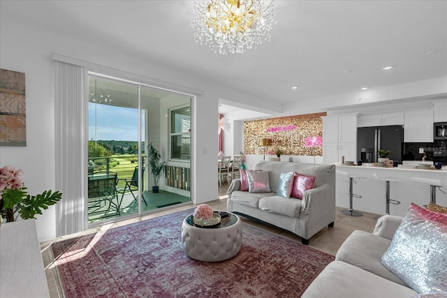 living room featuring an inviting chandelier