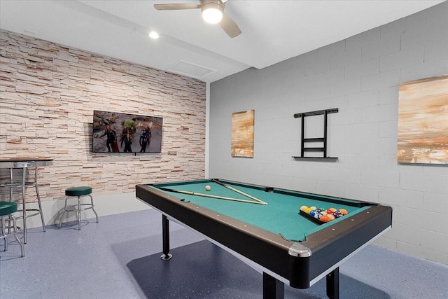 recreation room with pool table and ceiling fan