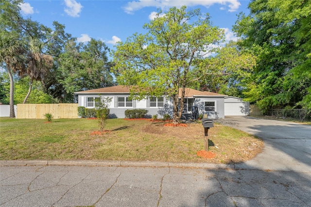 single story home with a front lawn