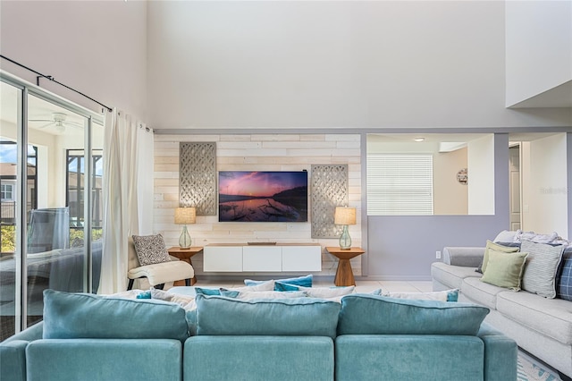 living room featuring ceiling fan