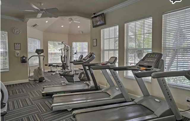 exercise room with dark colored carpet, ornamental molding, ceiling fan, and lofted ceiling