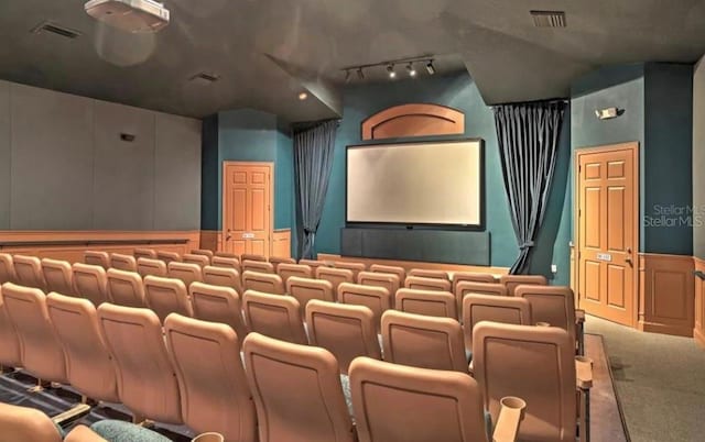 carpeted cinema with track lighting