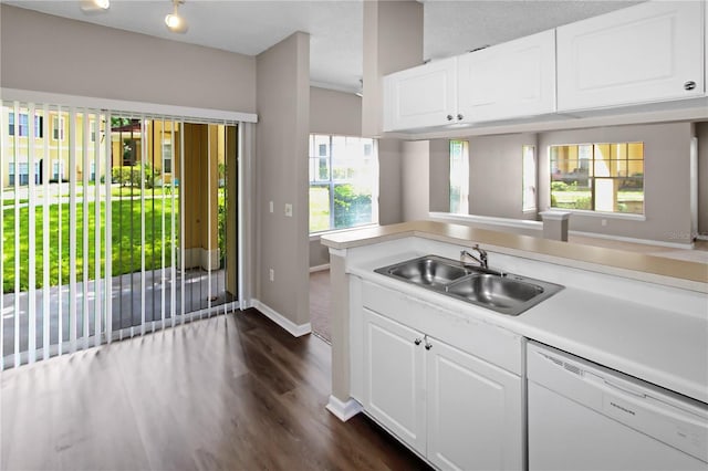 kitchen featuring white cabinetry, white dishwasher, sink, and dark wood-type flooring