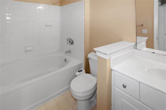 full bathroom featuring vanity, bathing tub / shower combination, and toilet