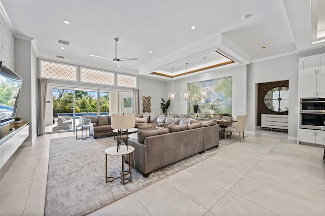 living room featuring light tile floors, crown molding, and ceiling fan