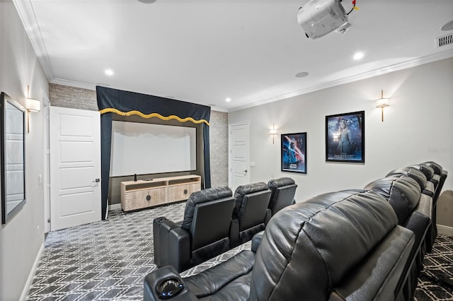 carpeted cinema room featuring brick wall and ornamental molding