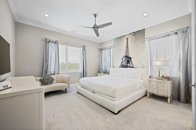 carpeted bedroom featuring ceiling fan and ornamental molding