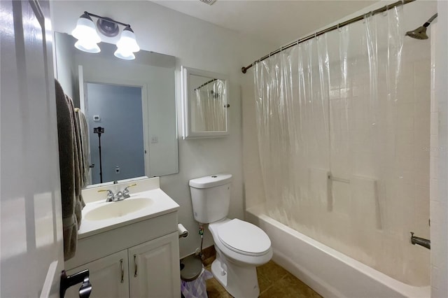 full bathroom with shower / bath combination with curtain, toilet, oversized vanity, and tile flooring