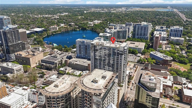 drone / aerial view with a water view