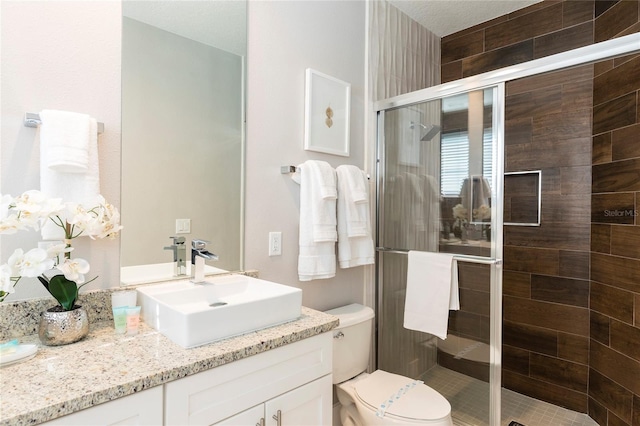 bathroom featuring toilet, vanity with extensive cabinet space, and a shower with shower door