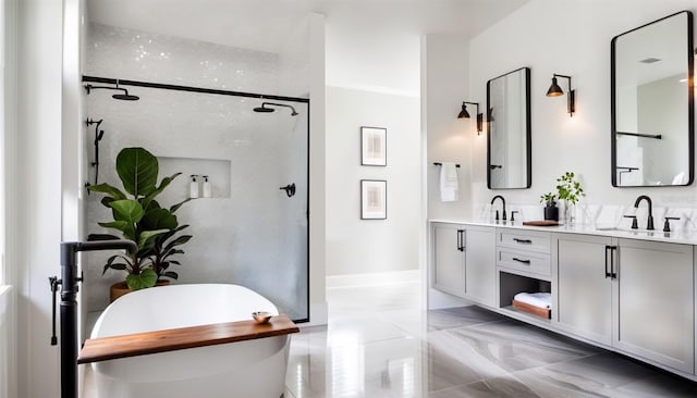 bathroom featuring ornamental molding, tile flooring, double sink, and large vanity