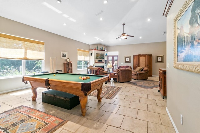 playroom with recessed lighting, visible vents, a ceiling fan, billiards, and baseboards