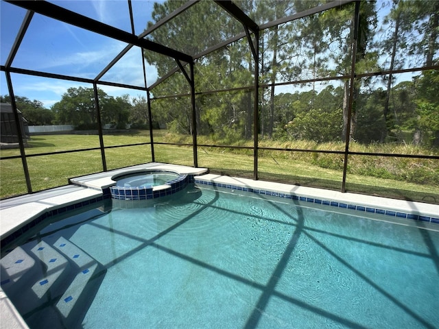 view of swimming pool featuring a lanai and a yard