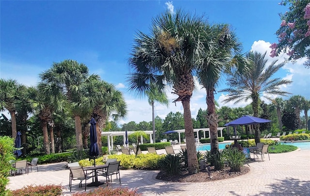 view of property's community with a pool, a patio area, and a pergola