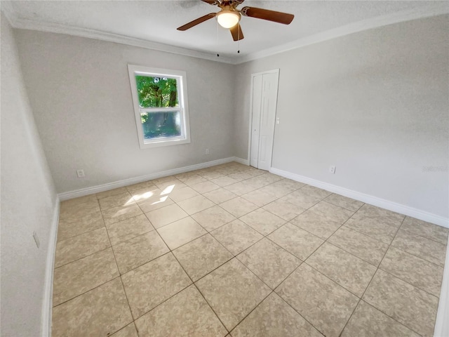 unfurnished room featuring light tile patterned floors, ceiling fan, and crown molding