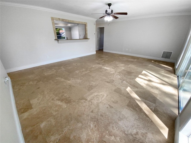 unfurnished living room with ceiling fan and crown molding