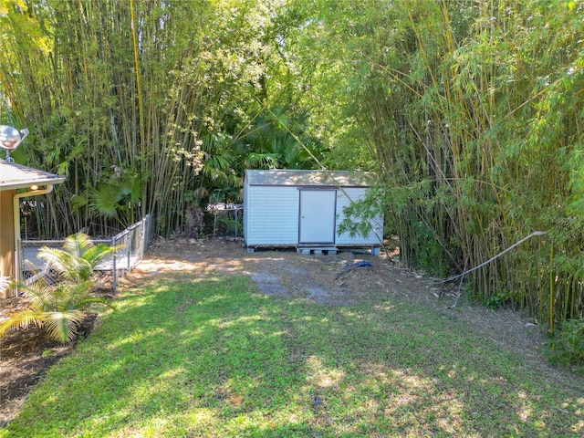 view of yard with a storage shed