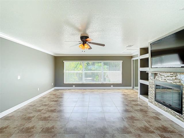 unfurnished living room featuring ceiling fan, built in features, a textured ceiling, and ornamental molding