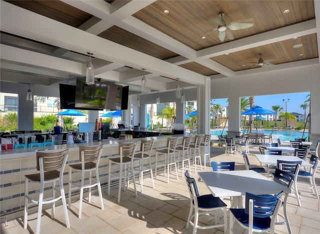 view of patio featuring ceiling fan and a community pool