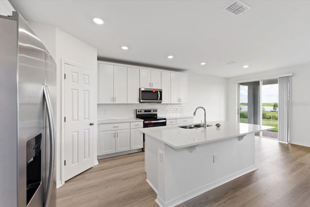 kitchen featuring white cabinetry, stainless steel appliances, a kitchen island with sink, and sink