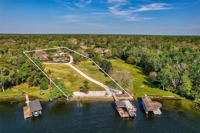 bird's eye view with a water view