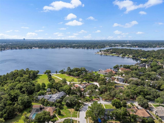 drone / aerial view with a water view