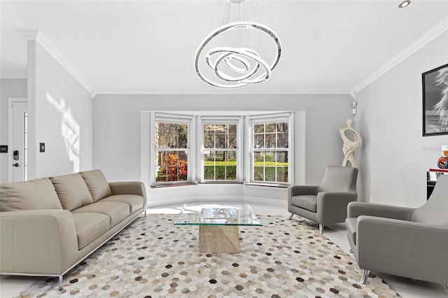 living room featuring crown molding and a chandelier