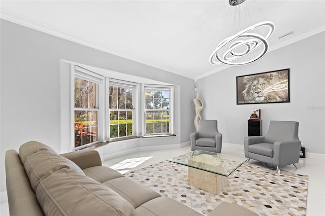 tiled living room with crown molding