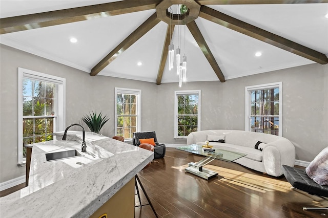 living room featuring lofted ceiling with beams, sink, hardwood / wood-style floors, and a wealth of natural light