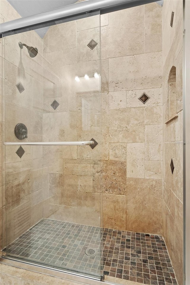 bathroom featuring a shower with shower door