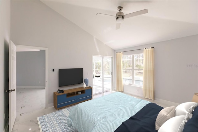 bedroom with ceiling fan, access to exterior, and high vaulted ceiling