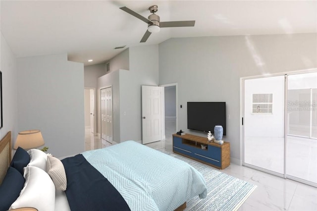 bedroom featuring a high ceiling and ceiling fan