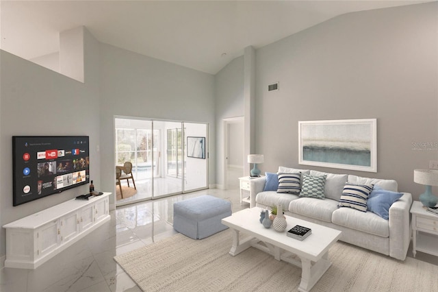 living room with high vaulted ceiling