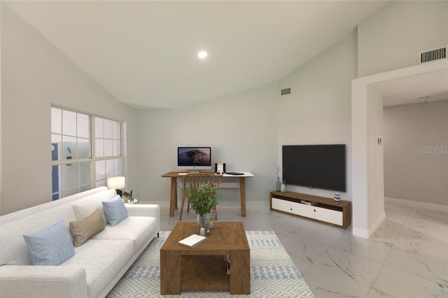 living room featuring high vaulted ceiling