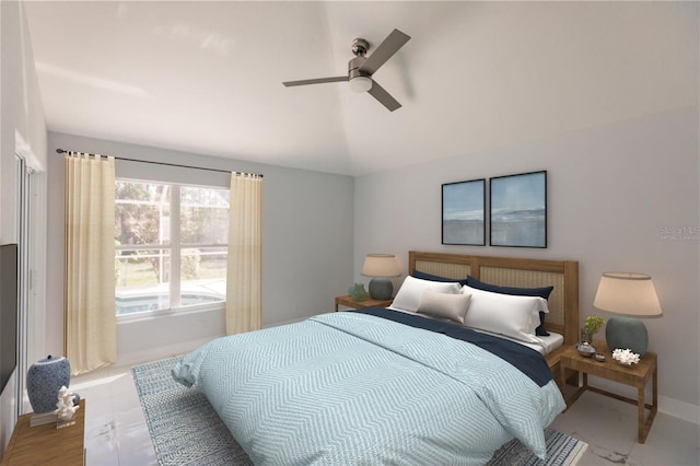 bedroom with lofted ceiling and ceiling fan