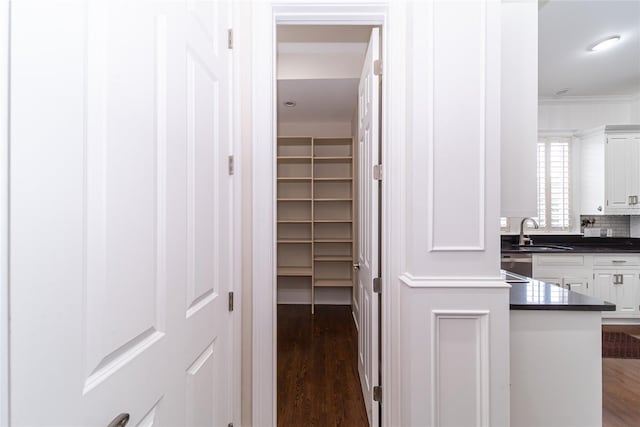 hallway featuring dark hardwood / wood-style floors, ornamental molding, and sink